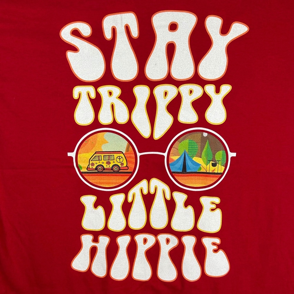 Stay Trippy Little Hippie Red Graphic T-Shirt Mens‎ Large Peace Bus